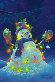 a snowman with christmas lights on it's head and arms in the air