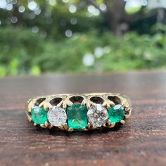 antique victorian emerald diamond ring Emerald And Diamond Ring, Natural Cushions, Antique Diamond Rings, Emerald Diamond Ring, Claw Setting, Emerald Diamond, Antique Rings, Antique Victorian, Victorian Era