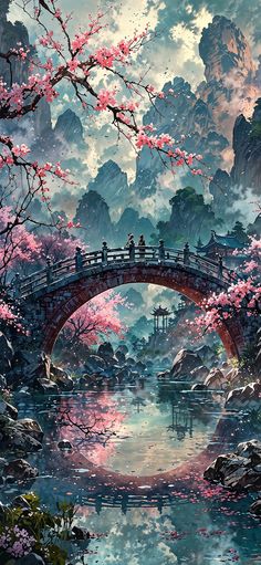 a painting of people standing on a bridge over a river with pink flowers in the water