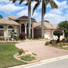 a home with palm trees and landscaping in the front yard