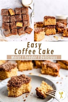 easy coffee cake recipe with crumbs on the top and in the middle, cut into squares