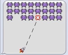 an old school computer game with a rocket going through the space between two rows of people