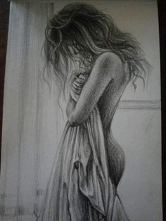 a pencil drawing of a woman in a dress with her hair blowing back and eyes closed