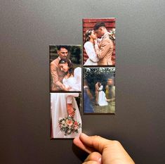 someone is holding up four pictures with their wedding photos attached to the back of them