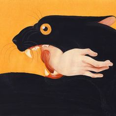 a painting of a black cat with its mouth open