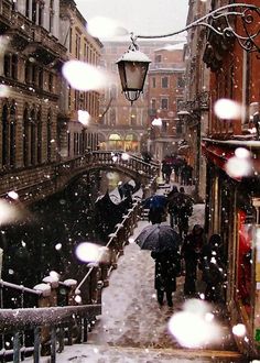 people walking down a snowy street holding umbrellas