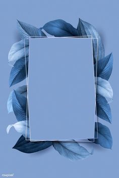 an empty square frame surrounded by blue leaves on a blue background with a white rectangle in the middle