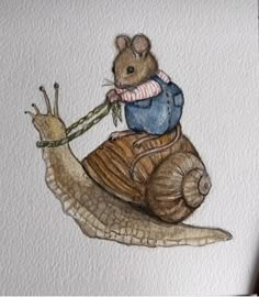 a drawing of a mouse riding a snail with a sweater on it's back