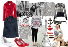 a collage of different outfits and accessories including red shoes, black and white stripes