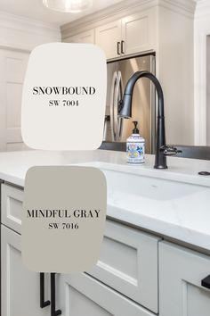 paint selections for a neutral, transitional kitchen style- featuring Sherwin Williams Snowbound (7004) and Mindful Gray (SW 7016) Mindful Grey Kitchen Cabinets, Sw Snowbound Kitchen Cabinets, Neutral Cabinet Colors Kitchen, Cabinet Color With Gray Walls, Mindful Gray Kitchen Walls, Sw Mindful Gray Cabinets, Mindful Gray Cabinets Kitchen, Snowbound Kitchen Walls, Trim Color For Snowbound Walls