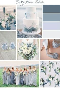 the color palette for dusty blue and silver is shown in several different colors, including white flowers