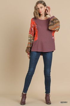 Umgee Waffle top with mixed fabric contrast sleeves. V neck, side hem split. So cute. Just throw on and go. Color: Berry Sizes: S-M-L Our model is 5' 9" and wearing small 60% Cotton, 37% Polyester, 3% Spandex G4/A5311 Waffle Toppings, Waffle Mix, Mixing Fabrics, Waffles, So Cute, Berry, Bell Sleeve Top, Split, Sleeve Top