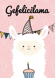 a llama with a cupcake and a birthday hat