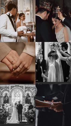 black and white wedding pictures with bride and groom holding hands in front of the altar