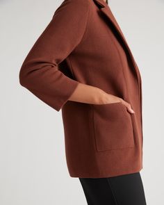 Layer up and level up. We present to you: the knit blazer. This 100% organic cotton blazer is a great addition to throw on for a slightly more formal look without the usual stiff blazer feeling. With a polished lapel, two patch pockets, and bracelet-length sleeves it's giving CEO vibes, but effortless.  | Quince | Women's Knit Blazer in Cappuccino, Size Medium, Organic Cotton Black Minimal, Heather Brown, Black Camel, Cotton Blazer, Knit Blazer, Organic Fabrics, Linen Blazer, Formal Looks, Collar Blouse