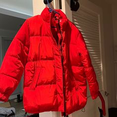 H&M Brand New Gorgeous Color Red Puffer Jacket With Pockets, Red Long Sleeve Winter Puffer Jacket, Red Winter Puffer Outerwear, Casual Red Winter Outerwear, Red Puffer Outerwear For Cold Weather, Red Puffer Jacket With Pockets For Cold Weather, Red Puffer Outerwear, Red Puffer Outerwear For Fall, Red Puffer Jacket For Fall