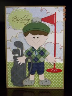 a handmade birthday card with a boy holding a golf club and a red flag