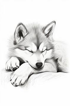 a black and white drawing of a sleeping wolf