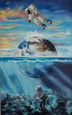 an astronaut floating in the ocean next to a giant planet with a man on it