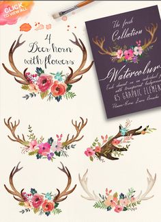 watercolor deer horns with flowers and antlers cliparts example image for commercial use