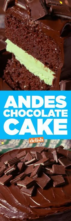 a chocolate cake with green frosting on top and the title reads, andes chocolate cake