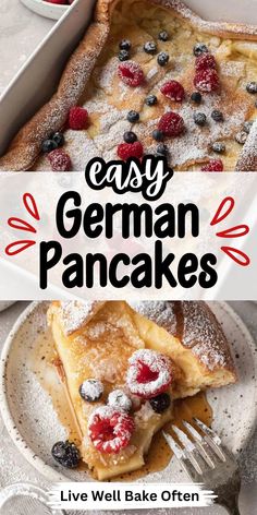 easy german pancakes with berries and powdered sugar on top, served in a white dish