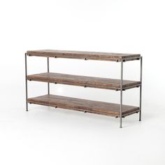 three tiered shelving unit with metal legs and wood shelves on each side, against a white background