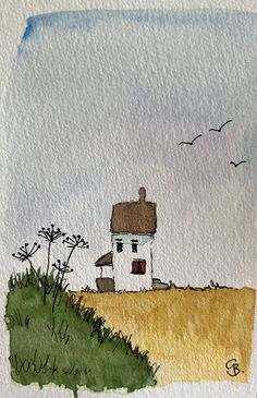 a drawing of a house in the middle of a field with birds flying above it