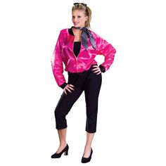 a woman in a pink jacket and black pants posing for the camera with her hands on her hips