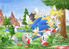 sonic and tails playing in the grass by some trees with other characters behind them on a sunny day