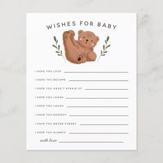 a baby shower request card with a bear on it's back and the words wishes for