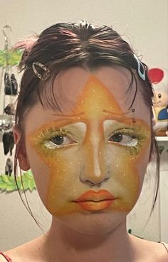 Star On Face Makeup, Makeup Face Paint Looks, Makeup Looks With Face Paint, Makeup Ideas Face Paint, Star Stickers On Face, Primary Color Makeup, Star Face Makeup, Dot Makeup Look, Face Paint Makeup Ideas