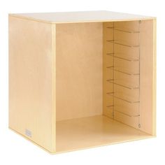 an empty wooden box with shelves on both sides and no door for hanging items in it