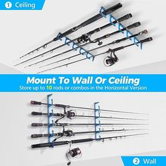 there are many different types of fishing rods on the wall and below it is an advertisement for