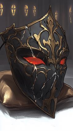 a mask with red eyes sitting on top of a pillow in front of some gold masks