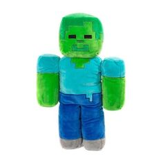 a green and blue minecraft creeper plush toy on a white background with clippings