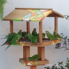 a bird feeder with two birds perched on it's sides and plants in the background