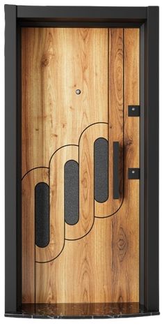 a wooden door with black metal handles and an abstract design on the front side panel