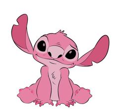 a pink cartoon character with big eyes and large wings, sitting on the ground in front of