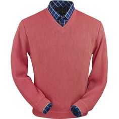 Baby Alpaca 'Links Stitch' V-Neck Sweater in Red Coral Heather by Peru Unlimited Men's Casual Wear, Golf Sweater, Perfect Golf, Dog Socks, Men's Sweaters, Alpaca Fiber, Alpaca Sweater, Club Shirts, Soft Baby