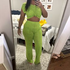 Brand New With Tags, Lime Green, Women’s Size Large 2 Piece Pant Set Green Casual Two-piece Bottoms Set, Casual High Waist Two-piece Bottoms Set, Casual Green Pants For Night Out, Casual Two-piece Pants Set For Day Out, 2 Piece Pant Set, Pant Set, Lime Green, 2 Piece, Pants Set