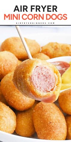 Looking for football party food ideas? Grab some mini frozen corn dogs for this easy game day recipe! This simple crowd-pleasing appetizer recipe is ready in just 10 minutes. Delicious and fun to eat, these Air Fryer Mini Corn Dogs are sure to be a hit! Corn Dogs Homemade, Corn Dogs In Air Fryer, Mini Corn Dogs, Corndog Recipe, New Air Fryer Recipes, Frozen Appetizers, Air Fried Food, Air Fryer Oven Recipes, Air Fry Recipes