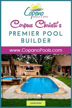 an advertisement for a pool builder in front of a house with the words coups christ's premier pool builder on it