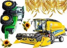 a tractor and some sunflowers on a white background