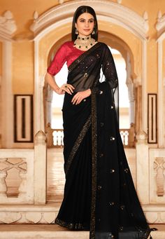 Chinon Saree with blouse in Black colour 5436  Desc:  Color : Black Fabric : Chinon Work : Sequence Wash Care : Dry clean Sleeve Style : Half Sleeve Long Sleeves : Done only in Custom Stitch Sleeves Lining : Done only in Custom Stitch Bust Size : 32 to 42 Inches Occasion : Ceremonial   Temple Wear   Social Gathering   Gudi Padwa   Dussehra   Festival   Diwali   Sangeet. With Express Free Shipping and Custom Stitching, Buy Indian Party wedding and bridal Sarees Chinon Saree with blouse in Black c Designer Silk Sarees, Party Wear Lehenga, Black Saree, Trendy Sarees, Contrast Blouse, Stylish Sarees, Wear Saree, Work Sarees, Thread Embroidery