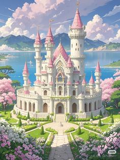 an image of a castle in the middle of flowers