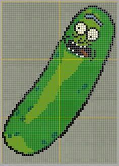 a cross stitch pattern with a green pickle in the middle and an evil face on it