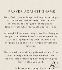 a poem written in black ink on white paper with the words prayer against shame above it