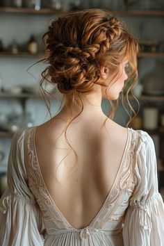 a woman with red hair wearing a white dress in front of shelves and cupboards