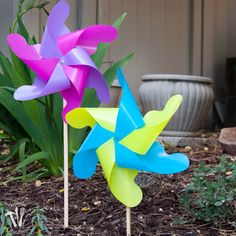 two colorful pinwheels sitting in the middle of a garden